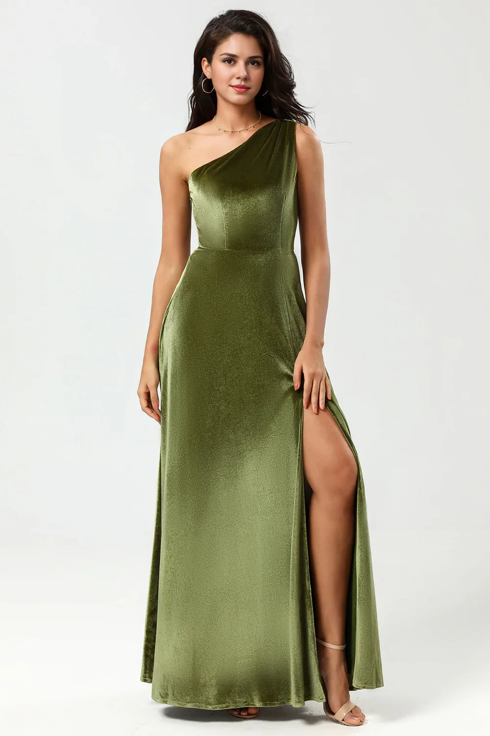 A striking A-line single shoulder and floor velvet slit bridesmaid dress