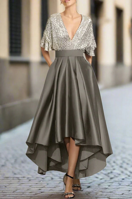 Asymmetrical Sequins Deep V-Neck Half Sleeves Mother of The Bride Dresses