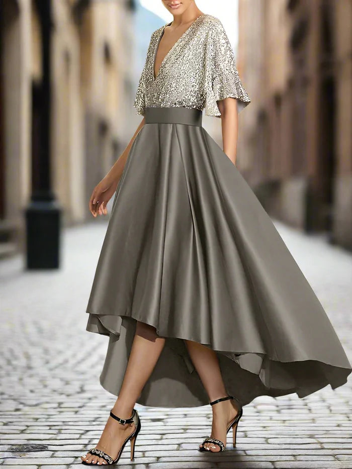 Asymmetrical Sequins Deep V-Neck Half Sleeves Mother of The Bride Dresses