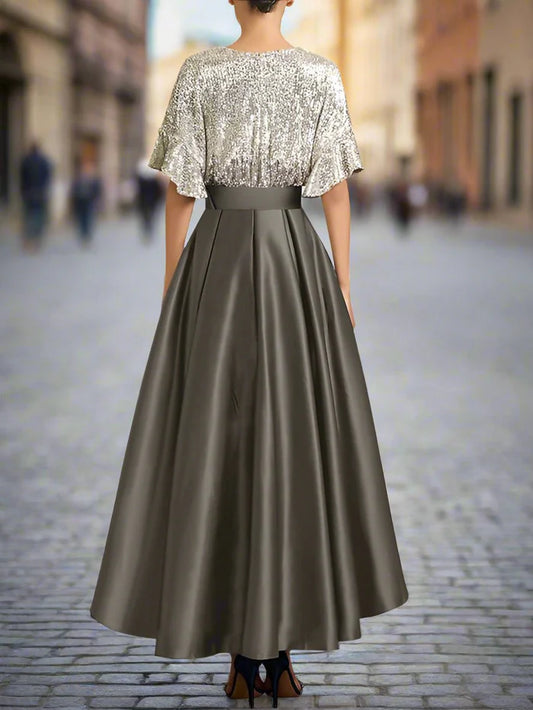 Asymmetrical Sequins Deep V-Neck Half Sleeves Mother of The Bride Dresses