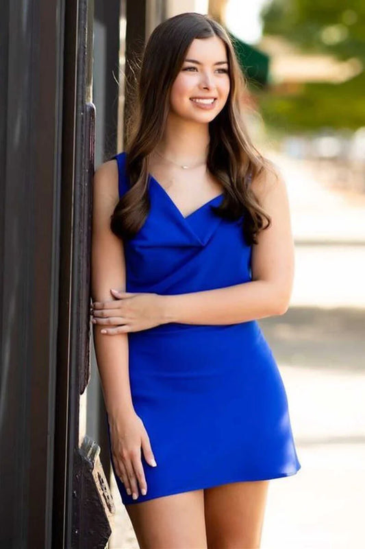 Asymmetrical Royal Blue Neck Cowl Neck Bodycon Short Cocktail Dress