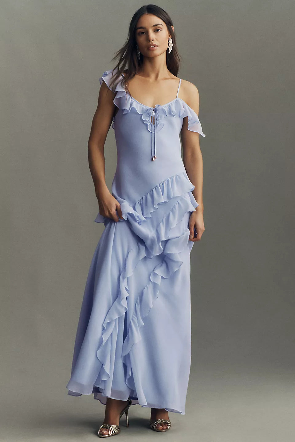 Asymmetrical Ruffle Chiffon Maxi Evening Dress