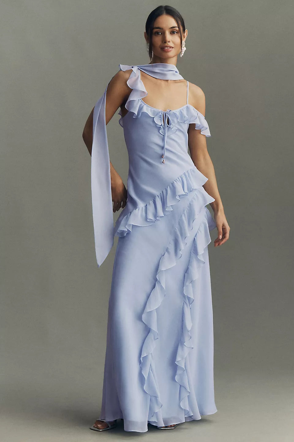 Asymmetrical Ruffle Chiffon Maxi Evening Dress