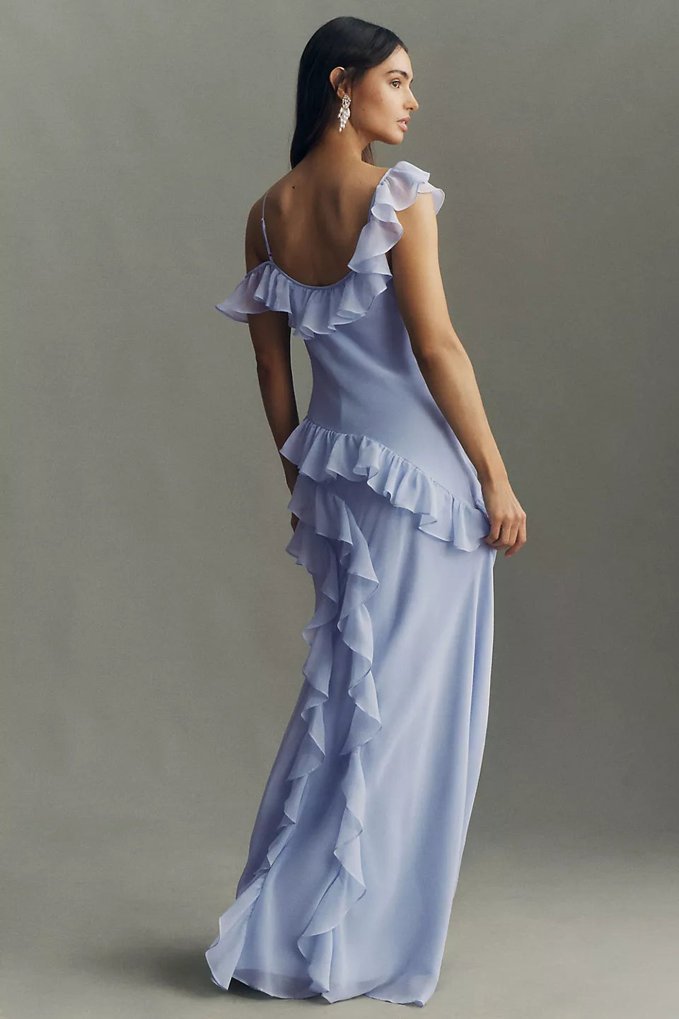 Asymmetrical Ruffle Chiffon Maxi Evening Dress