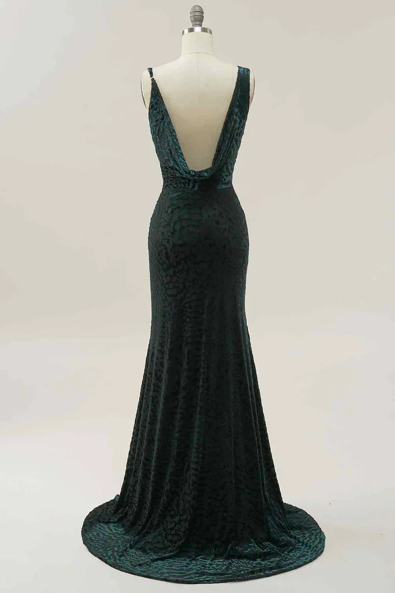 Asymmetrical Strap Dark Green Velvet Mermaid Prom Dress with Cowl Back