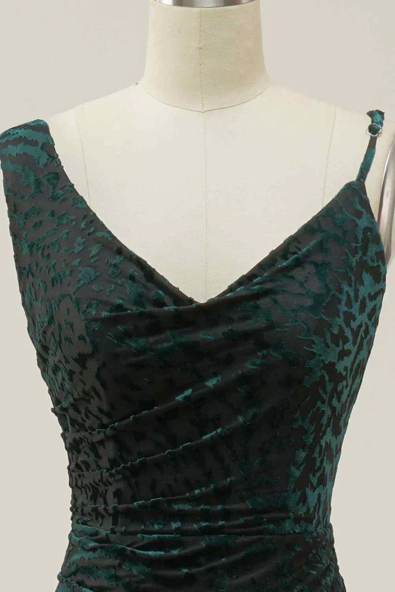 Asymmetrical Strap Dark Green Velvet Mermaid Prom Dress with Cowl Back