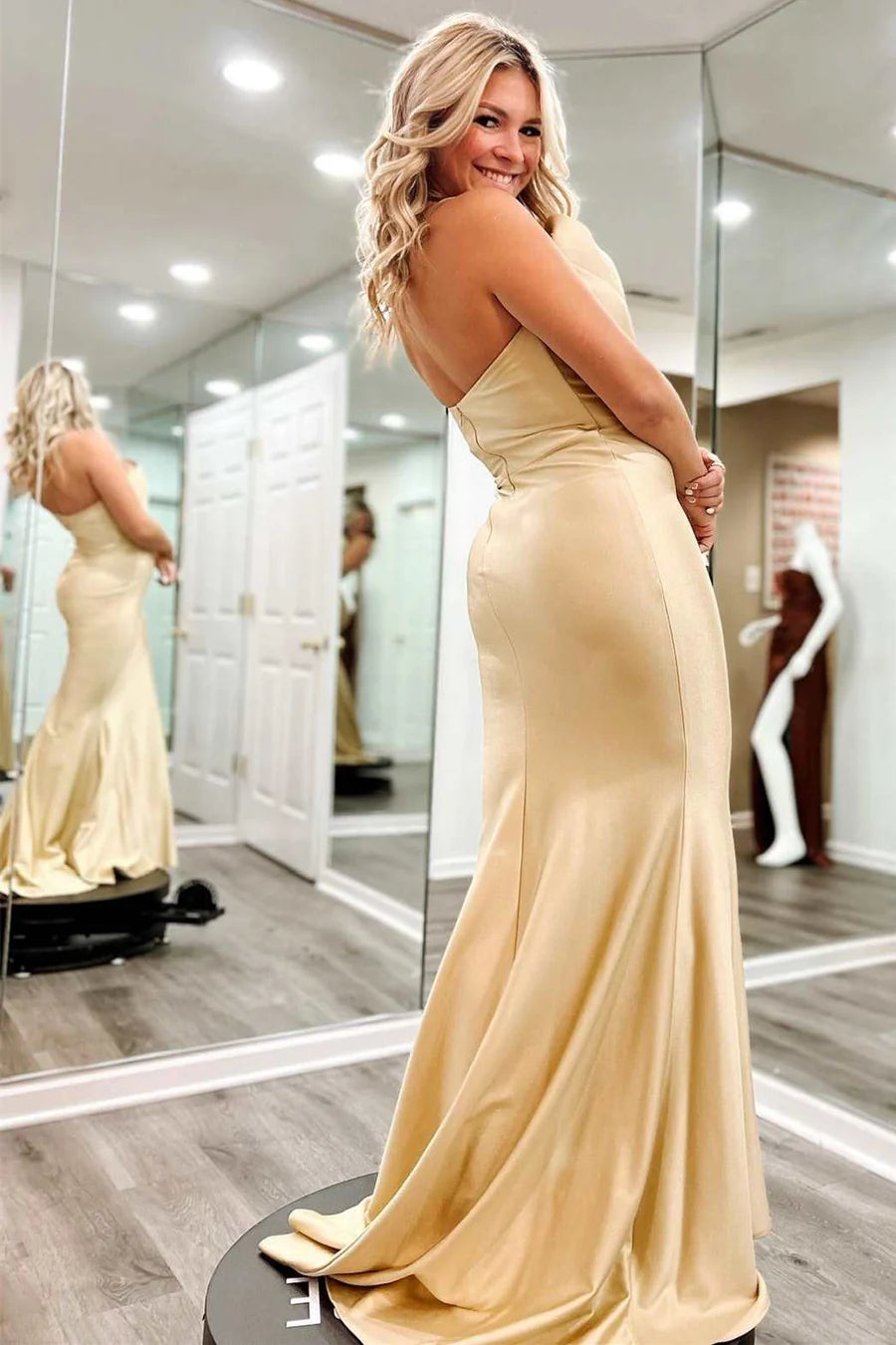 Asymmetric strapless pleated mermaid long formal dress