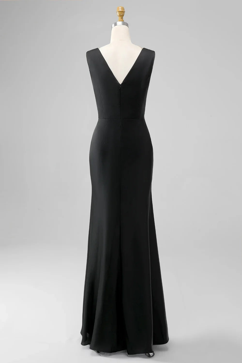 A tight fitting V-neck sleeveless and satin bridesmaid dress with full charm