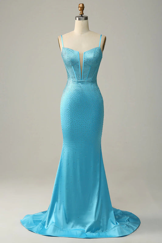 Blue mermaid spaghetti strap beaded ball gown