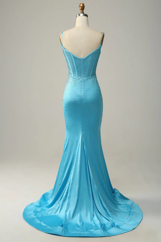 Blue mermaid spaghetti strap beaded ball gown