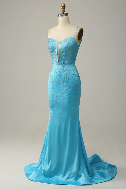 Blue mermaid spaghetti strap beaded ball gown