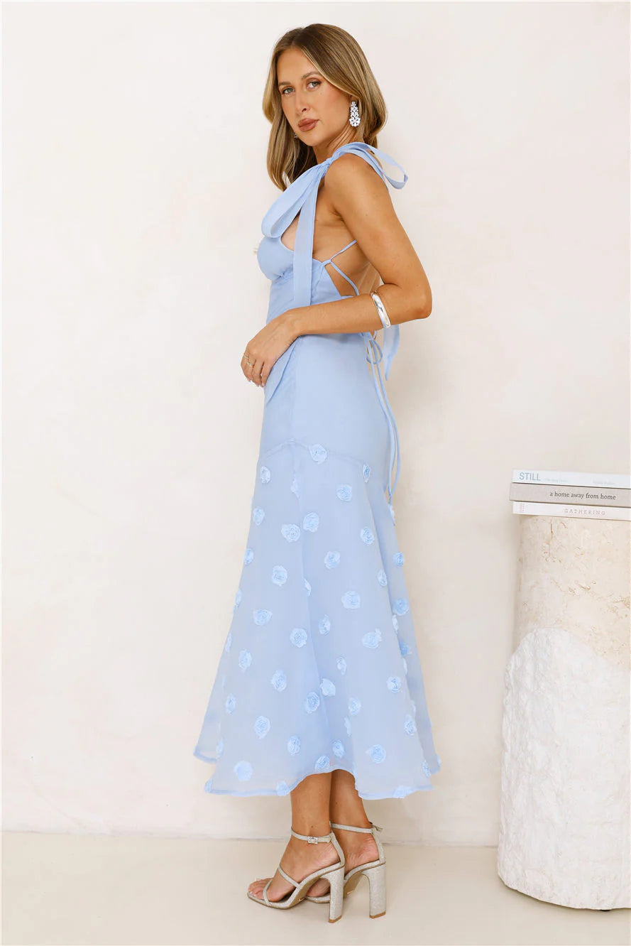 Baby Blue 3D Floral Tie Strap Lace-Up Back Midi Dresses