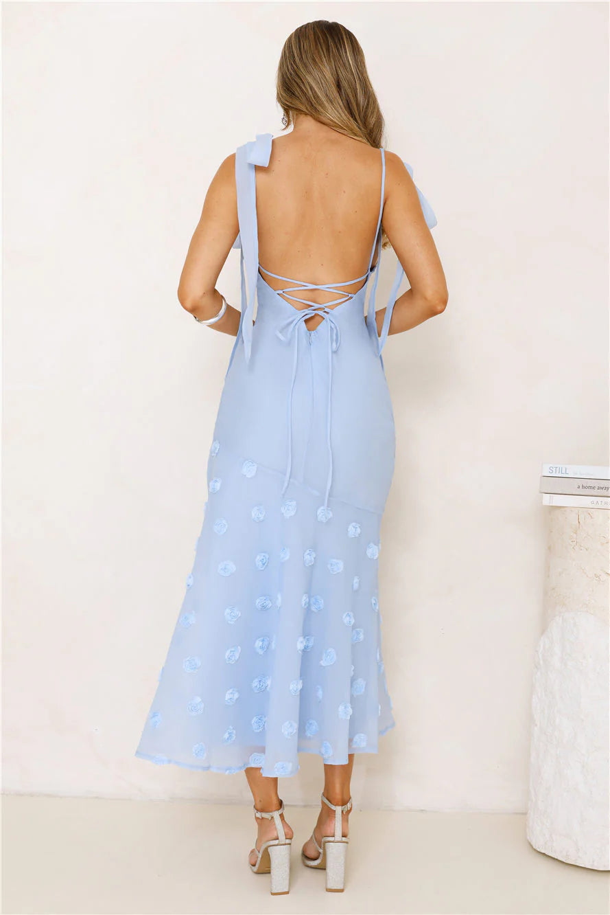 Baby Blue 3D Floral Tie Strap Lace-Up Back Midi Dresses