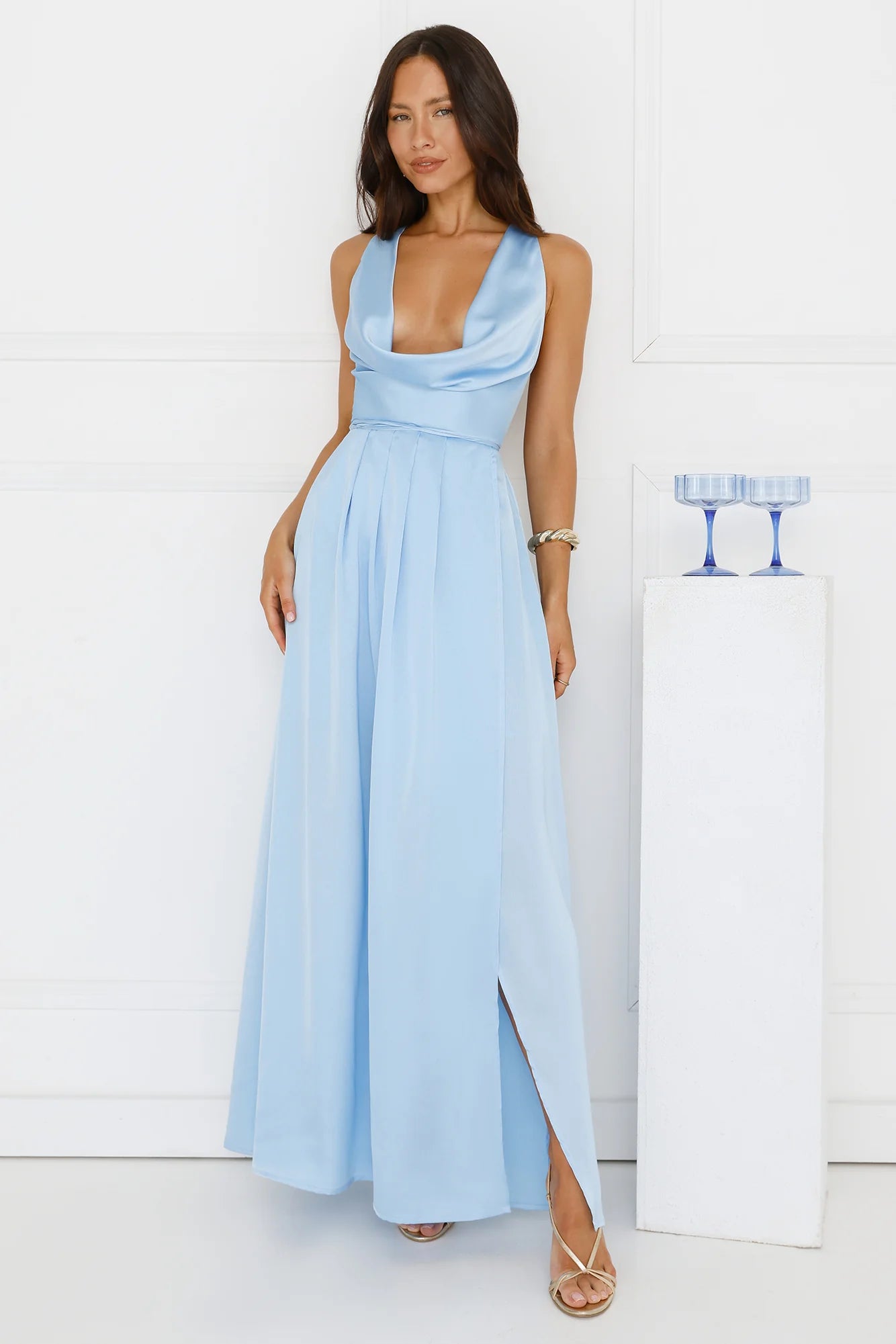 Baby Blue Cowl Neck Lace-Up Back Satin Evening Dresses