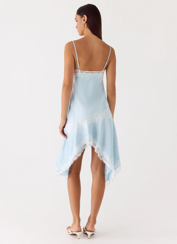 Baby Blue Satin Lace Trim Asymmetrical Hem Slip Evening Dresses