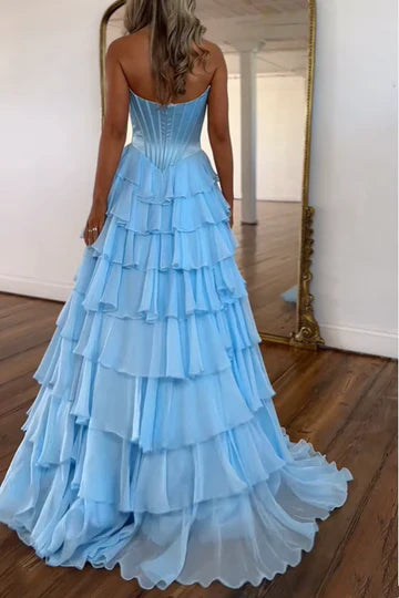 Baby Blue Strapless Corset Tiered Ruffle Prom Dress