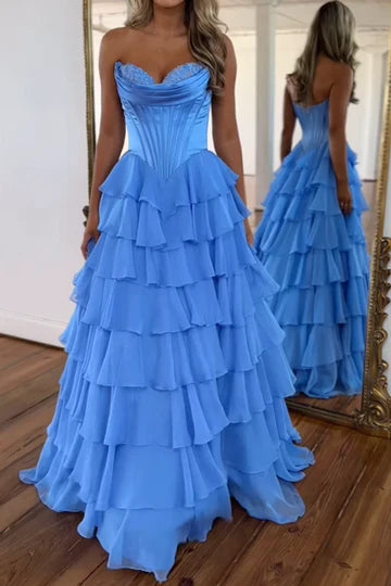 Baby Blue Strapless Corset Tiered Ruffle Prom Dress