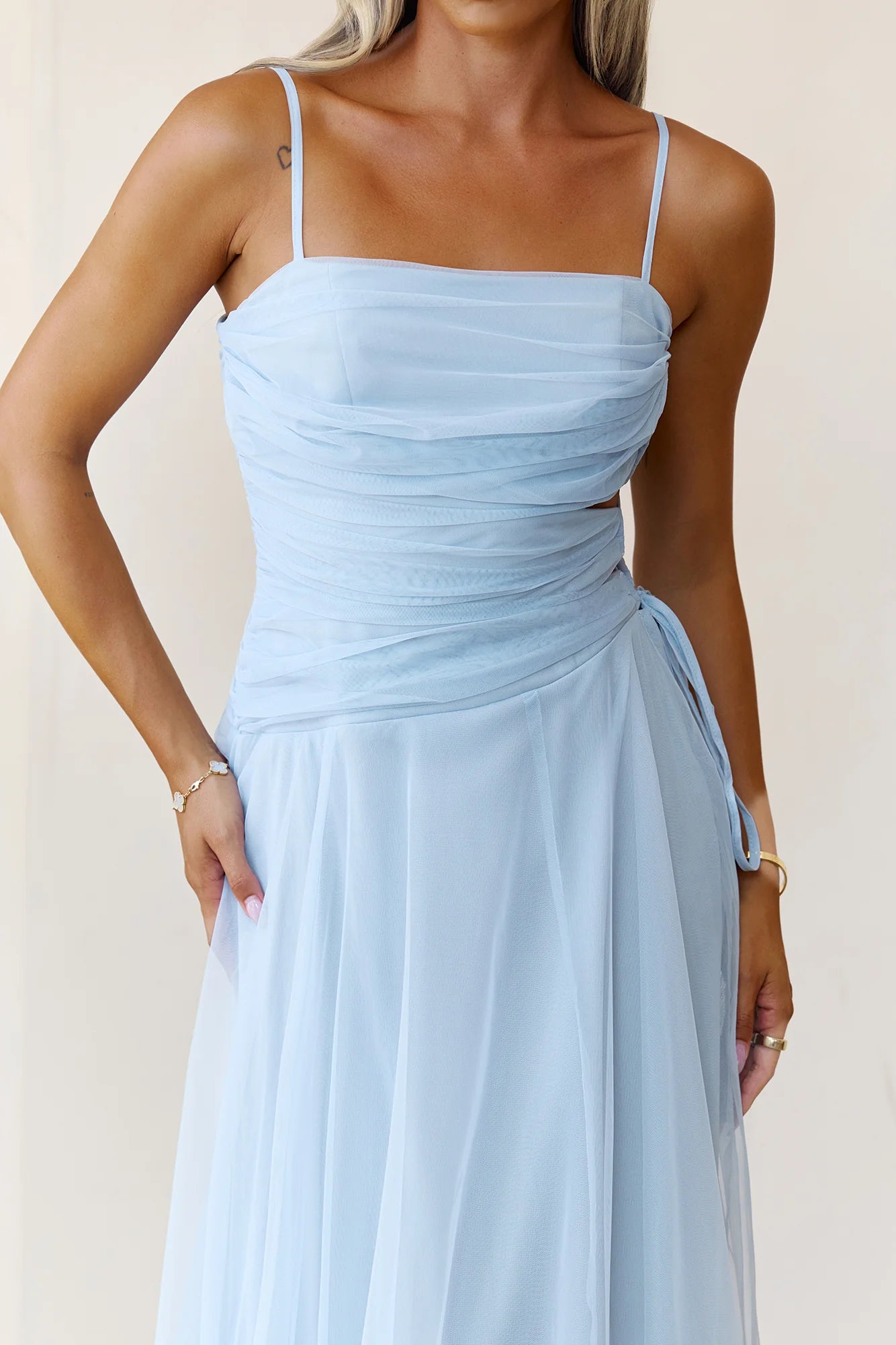 Baby Blue Tulle Cutout Waist Spaghetti Strap A-Line Evening Dresses
