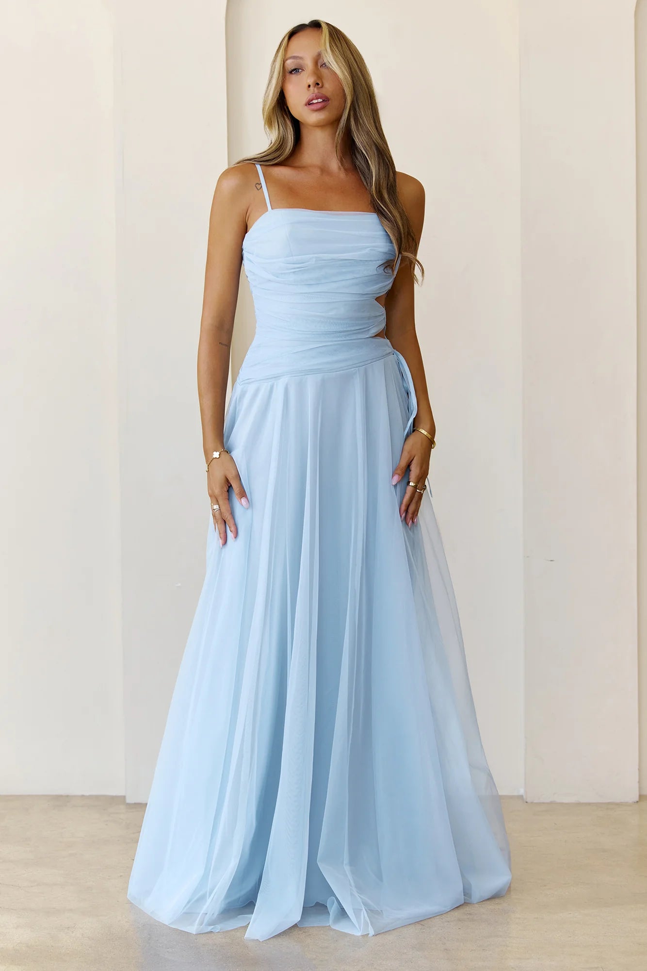 Baby Blue Tulle Cutout Waist Spaghetti Strap A-Line Evening Dresses
