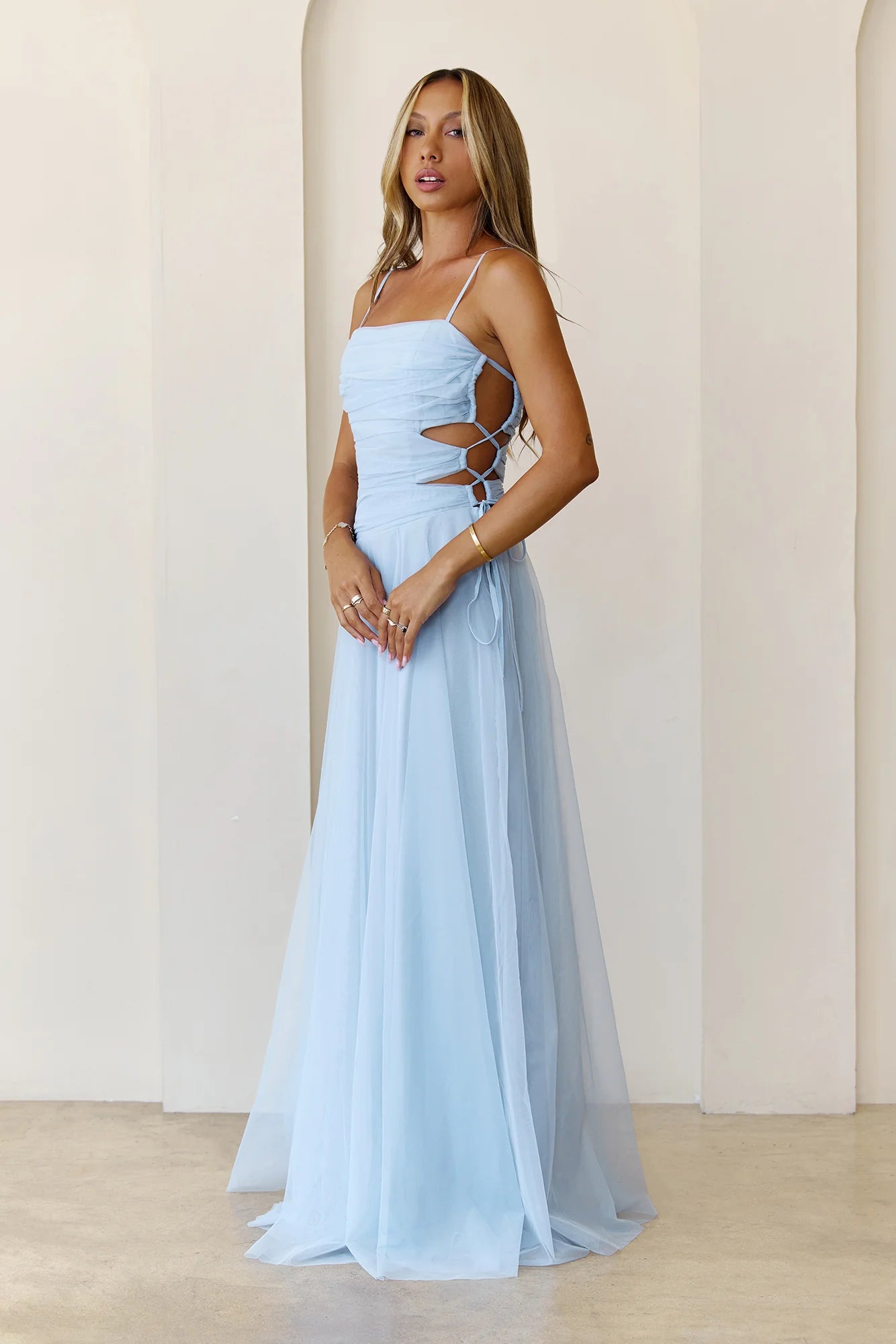 Baby Blue Tulle Cutout Waist Spaghetti Strap A-Line Evening Dresses
