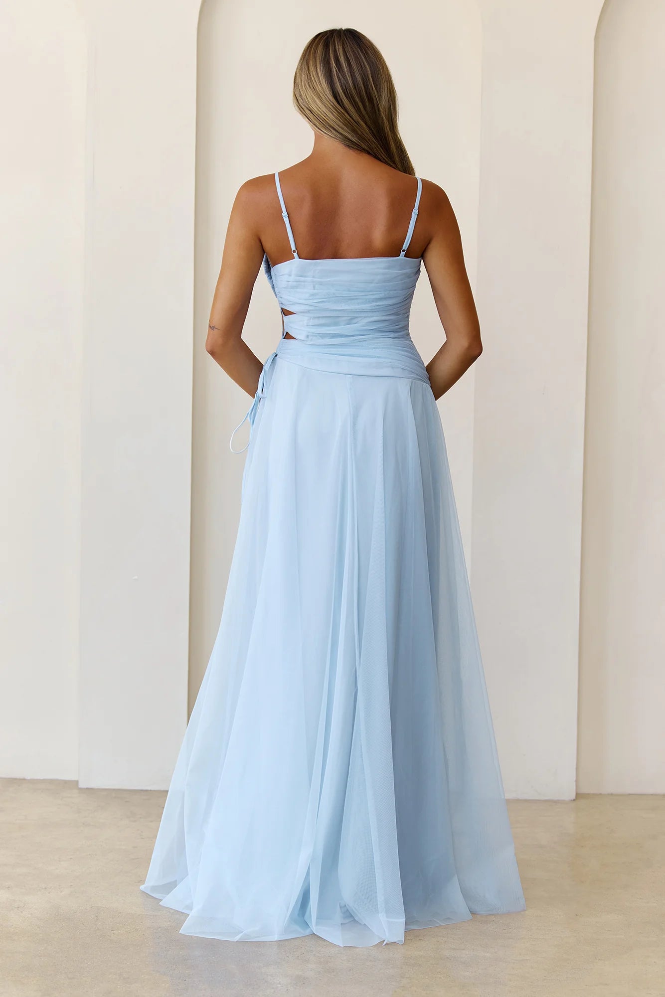 Baby Blue Tulle Cutout Waist Spaghetti Strap A-Line Evening Dresses