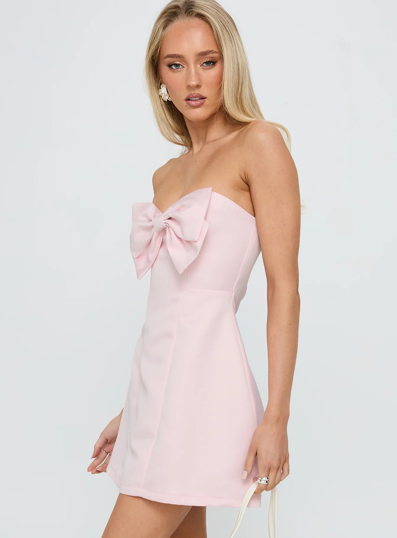 Baby Pink Bow Front Strapless A-Line Mini Dress Homecoming Dresses