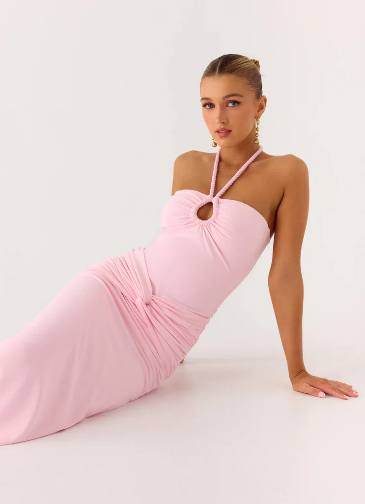 Baby Pink Halter Neck Ruched Knot Maxi Prom Dress For Elegant Formal Evening Events