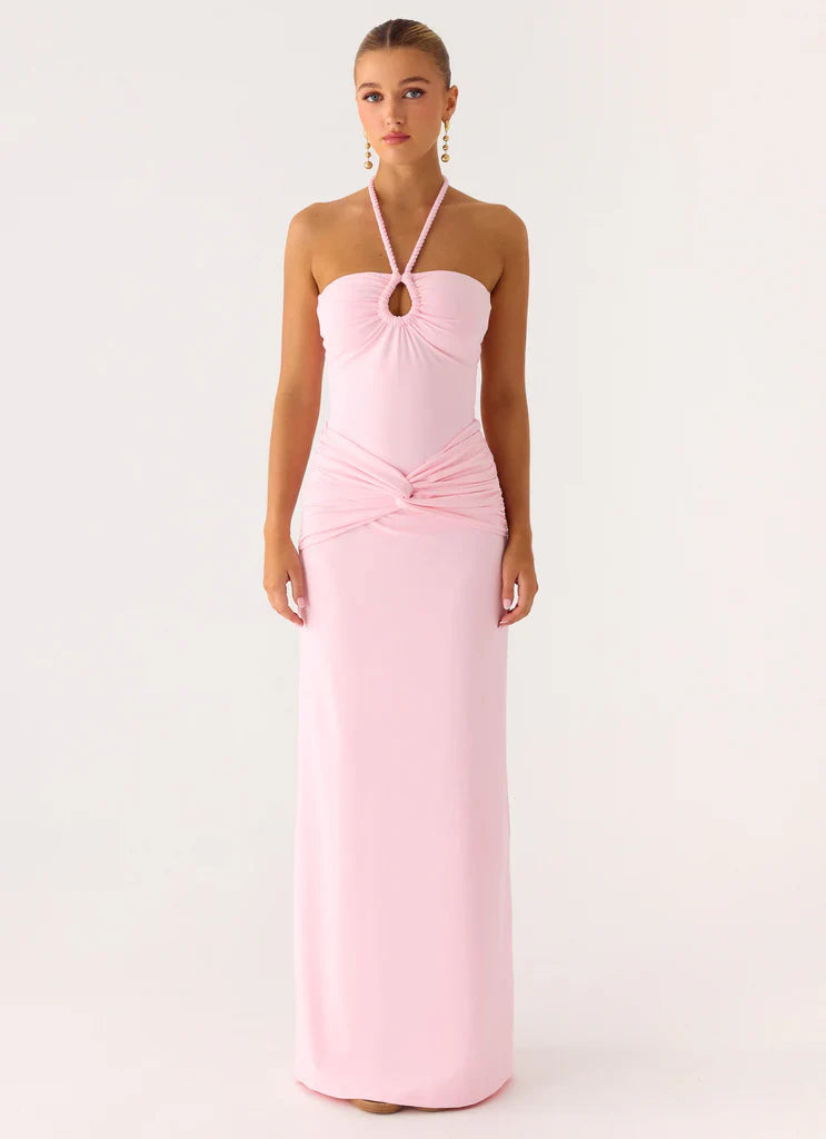 Baby Pink Halter Neck Ruched Knot Maxi Prom Dress For Elegant Formal Evening Events