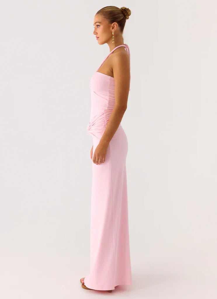 Baby Pink Halter Neck Ruched Knot Maxi Prom Dress For Elegant Formal Evening Events