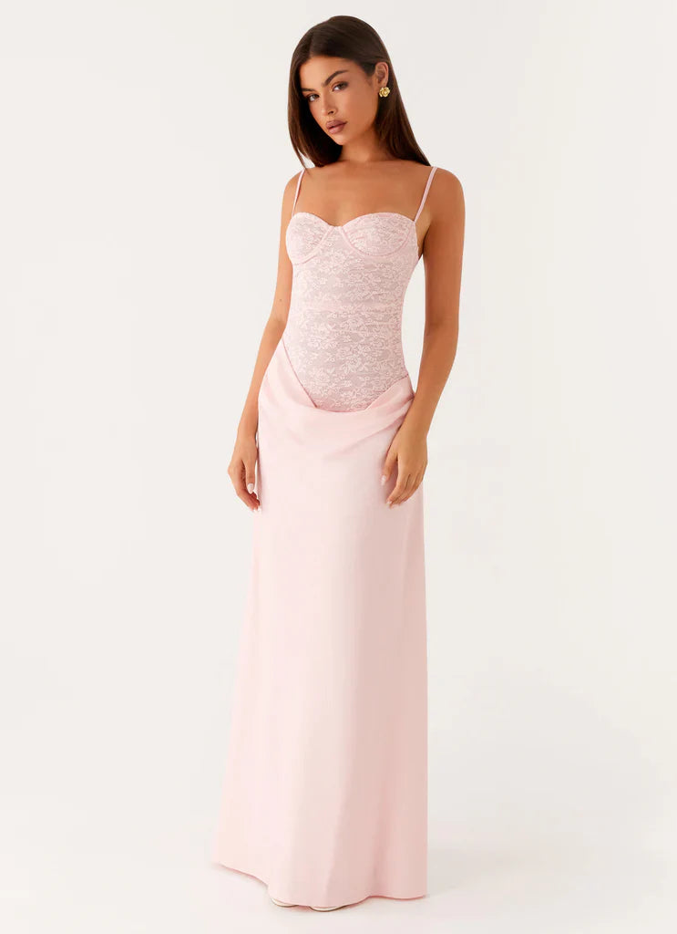 Baby Pink Lace Bustier Spaghetti Strap Draped Satin Maxi Prom Dress for Formal Events