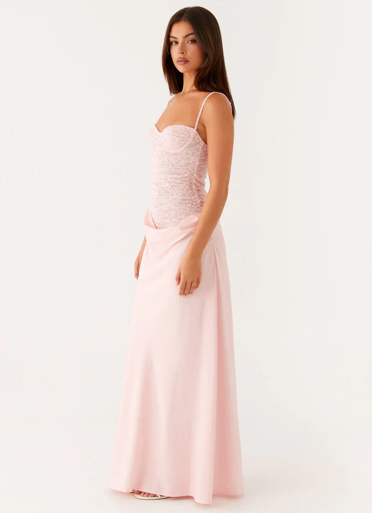 Baby Pink Lace Bustier Spaghetti Strap Draped Satin Maxi Prom Dress for Formal Events