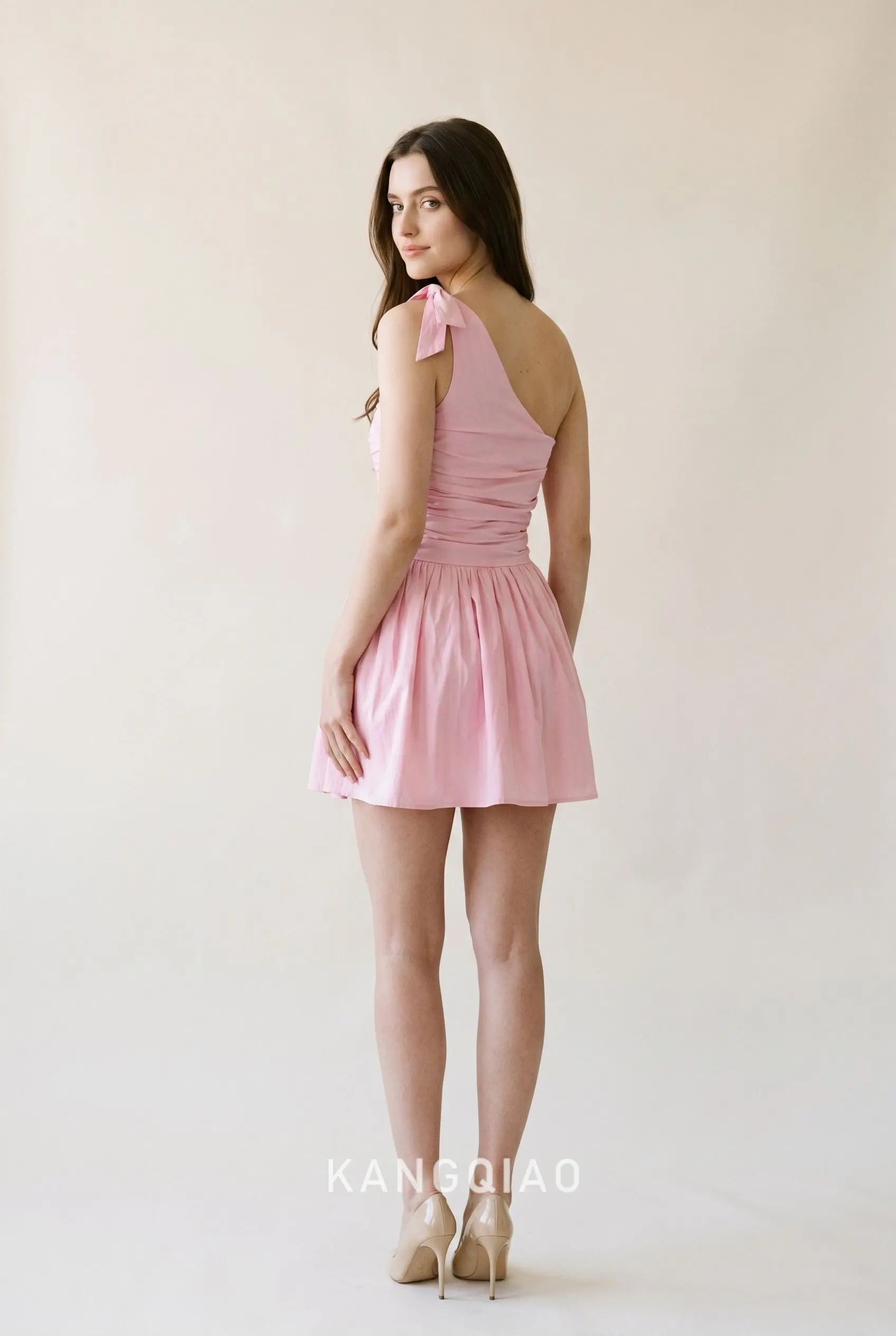 Baby Pink Solid Fabric One Shoulder Self Bow Ruched Waist Flared Skirt Mini Homecoming Dress