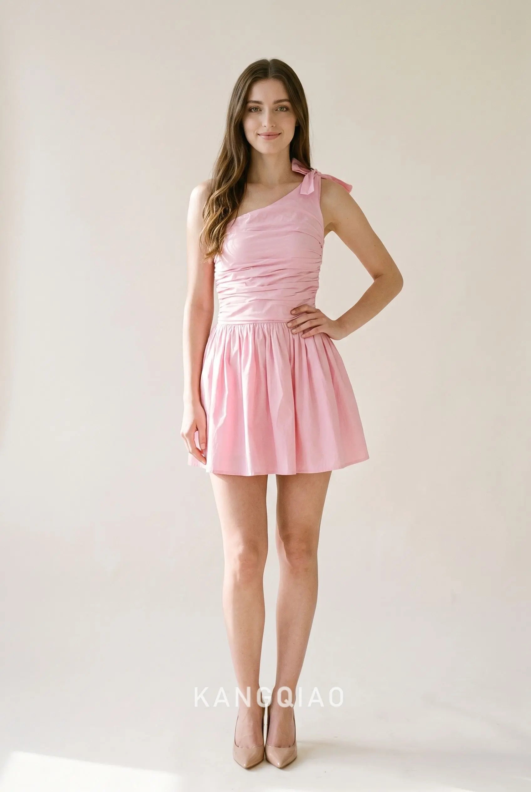 Baby Pink Solid Fabric One Shoulder Self Bow Ruched Waist Flared Skirt Mini Homecoming Dress