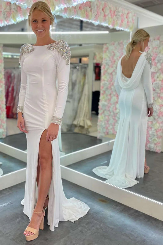 Backless long sleeved beaded formal dress with slit
