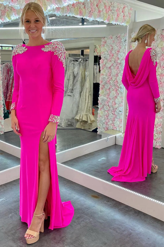 Backless long sleeved beaded formal dress with slit