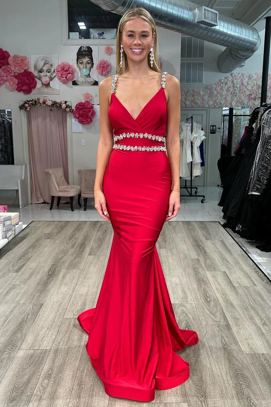 Backless rhinestone suspender bead mermaid long dress