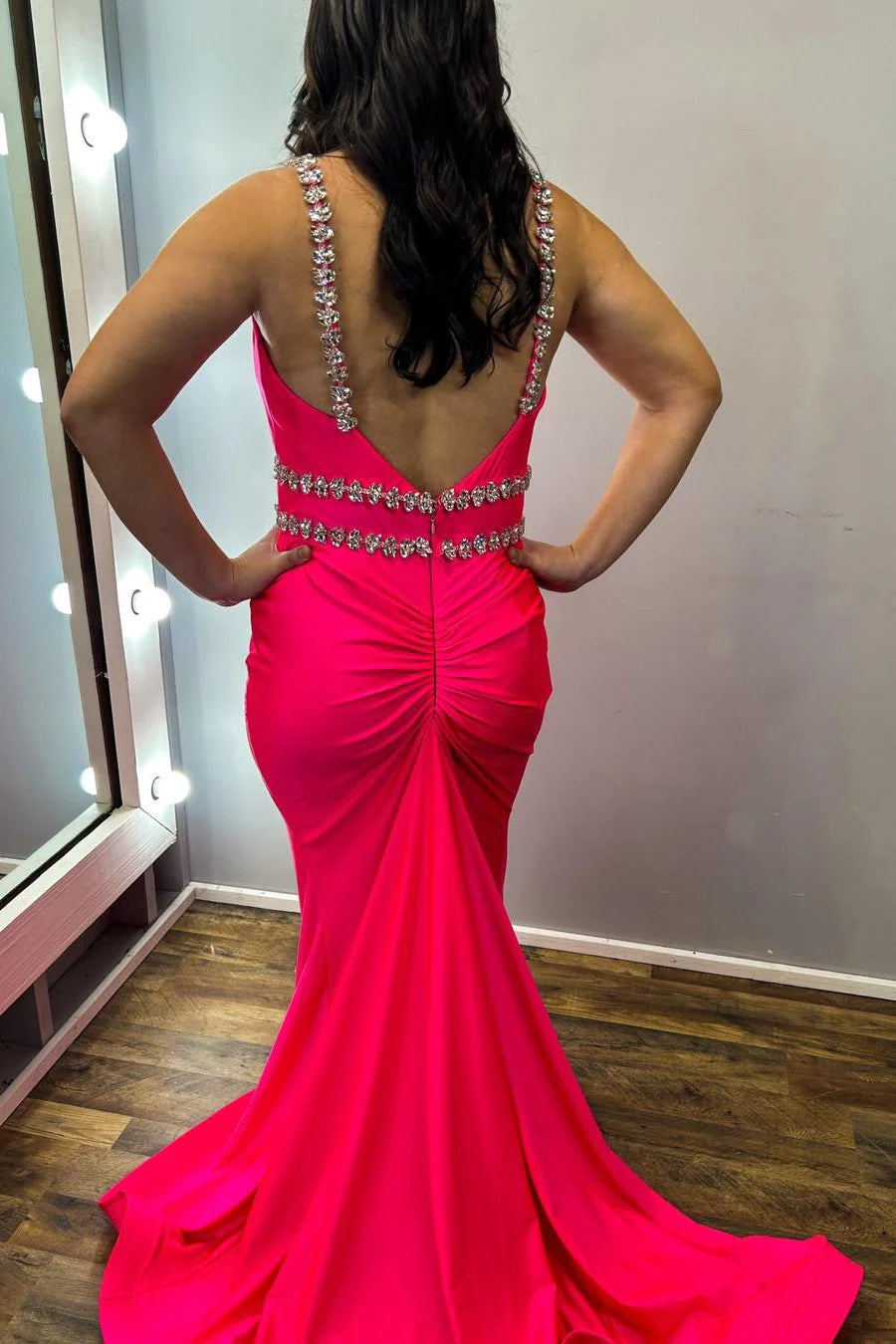 Backless rhinestone suspender bead mermaid long dress