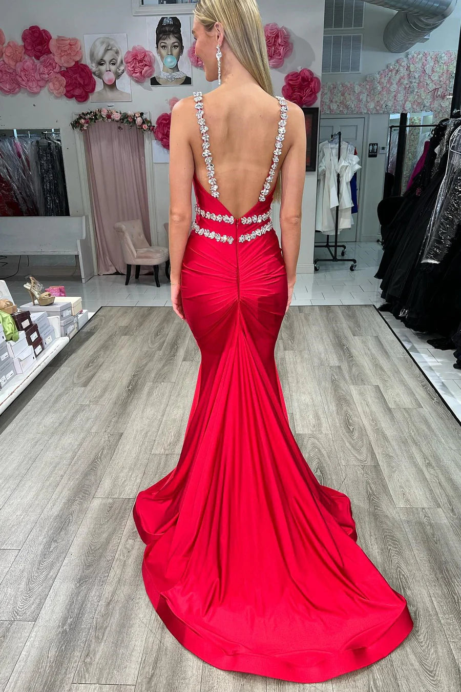 Backless rhinestone suspender bead mermaid long dress