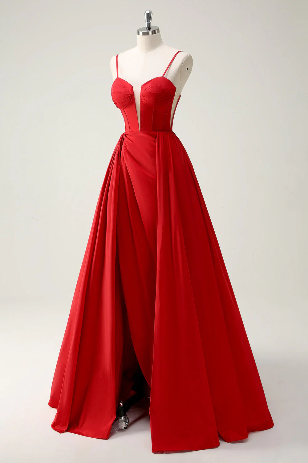 Ball-Gown Spaghetti Straps Lace Up Back Red Long Prom Dress with Slit