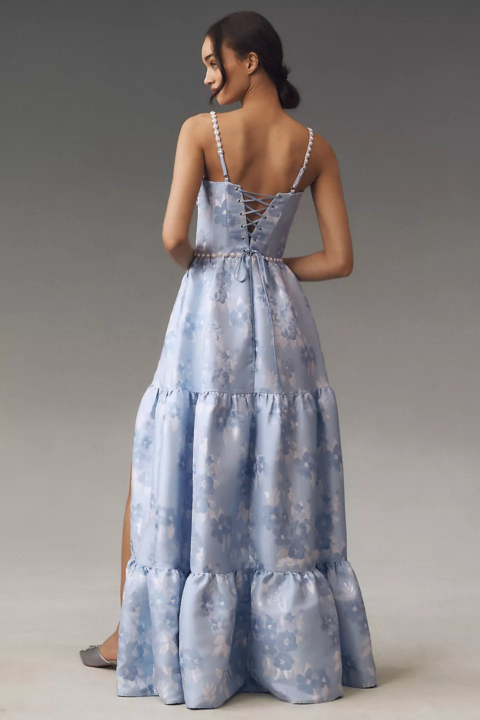 Beaded Strap Floral Tiered Maxi Evening Dresses with High Slit