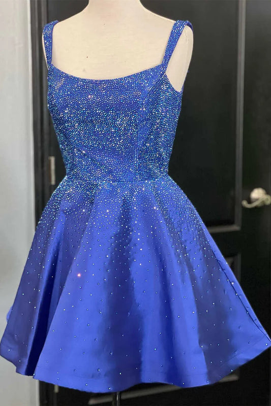 Beaded square neck A-line short back to school dress