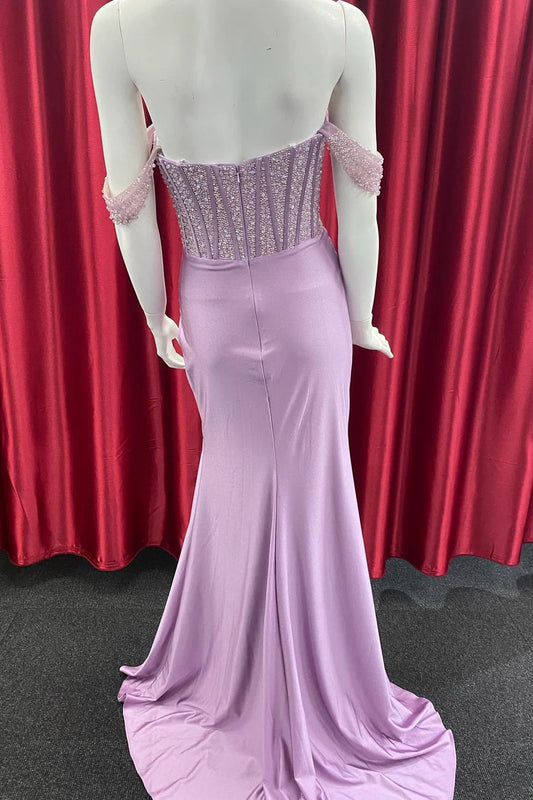Beaded satin off shoulder long slit ball dress