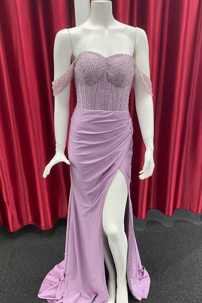 Beaded satin off shoulder long slit ball dress