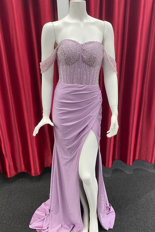 Beaded satin off shoulder long slit ball dress