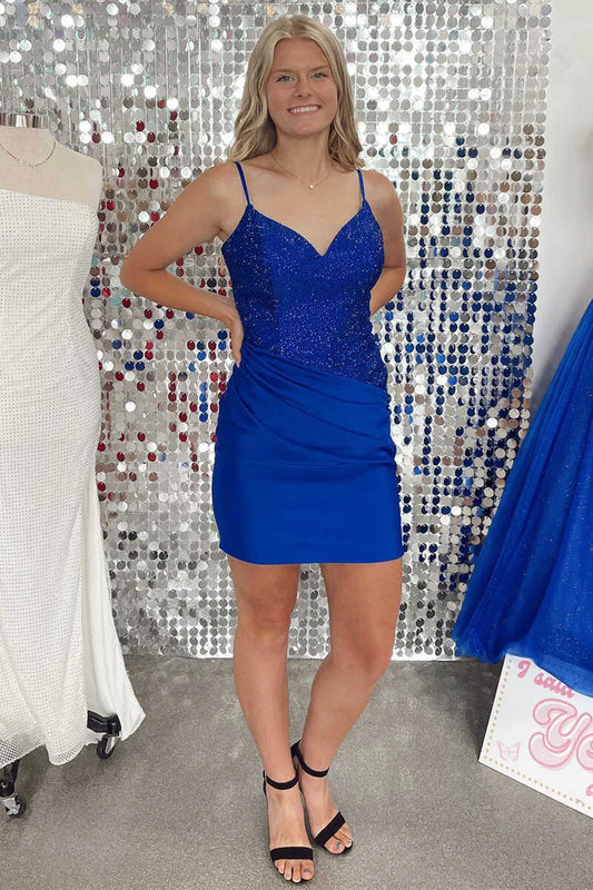 Beaded spaghetti strap pleated mini back to school dress
