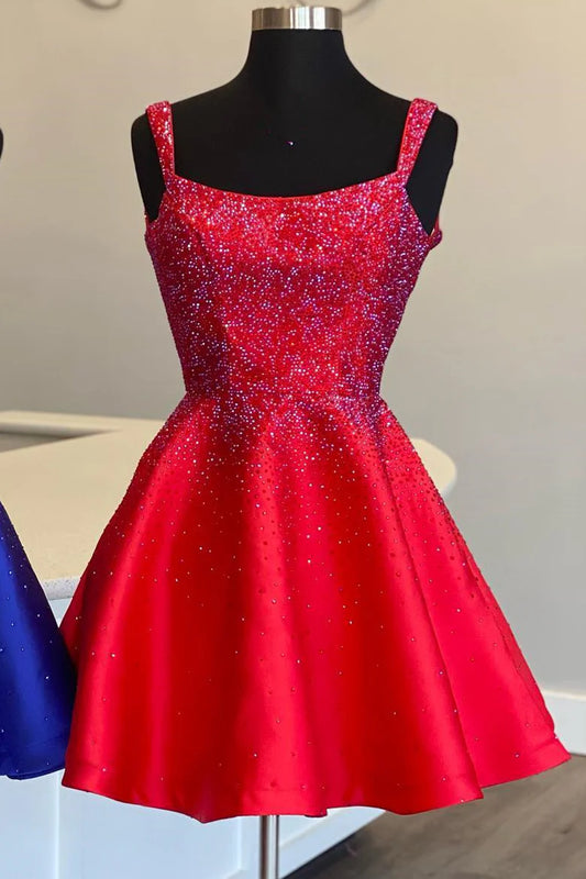 Beaded square neck A-line short back to school dress