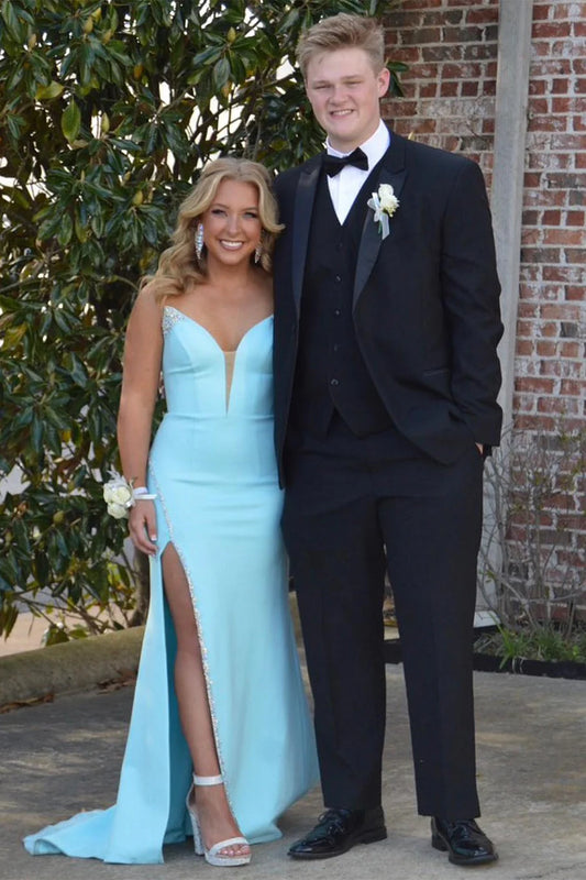 Beaded strapless long formal slit dress