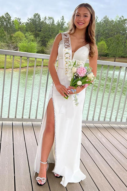 Beaded strapless long formal slit dress