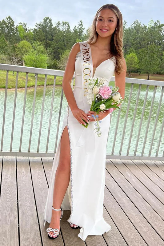 Beaded strapless long formal slit dress