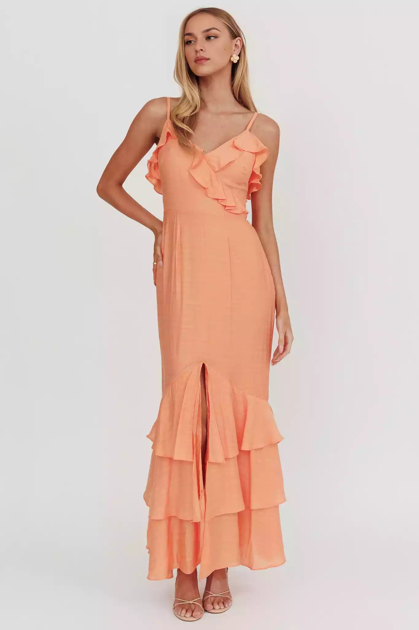 Beautiful adjustable camisole lining with ruffle details, front slit and back with zipper Prom Dresses